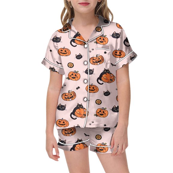 Halloween Pajamas Kids Size 6-7 Years Childrens Nightwear Short Sleeve Lapel Top with Shorts Cozy Loungewear Girls' Pajama Sets Light Pink