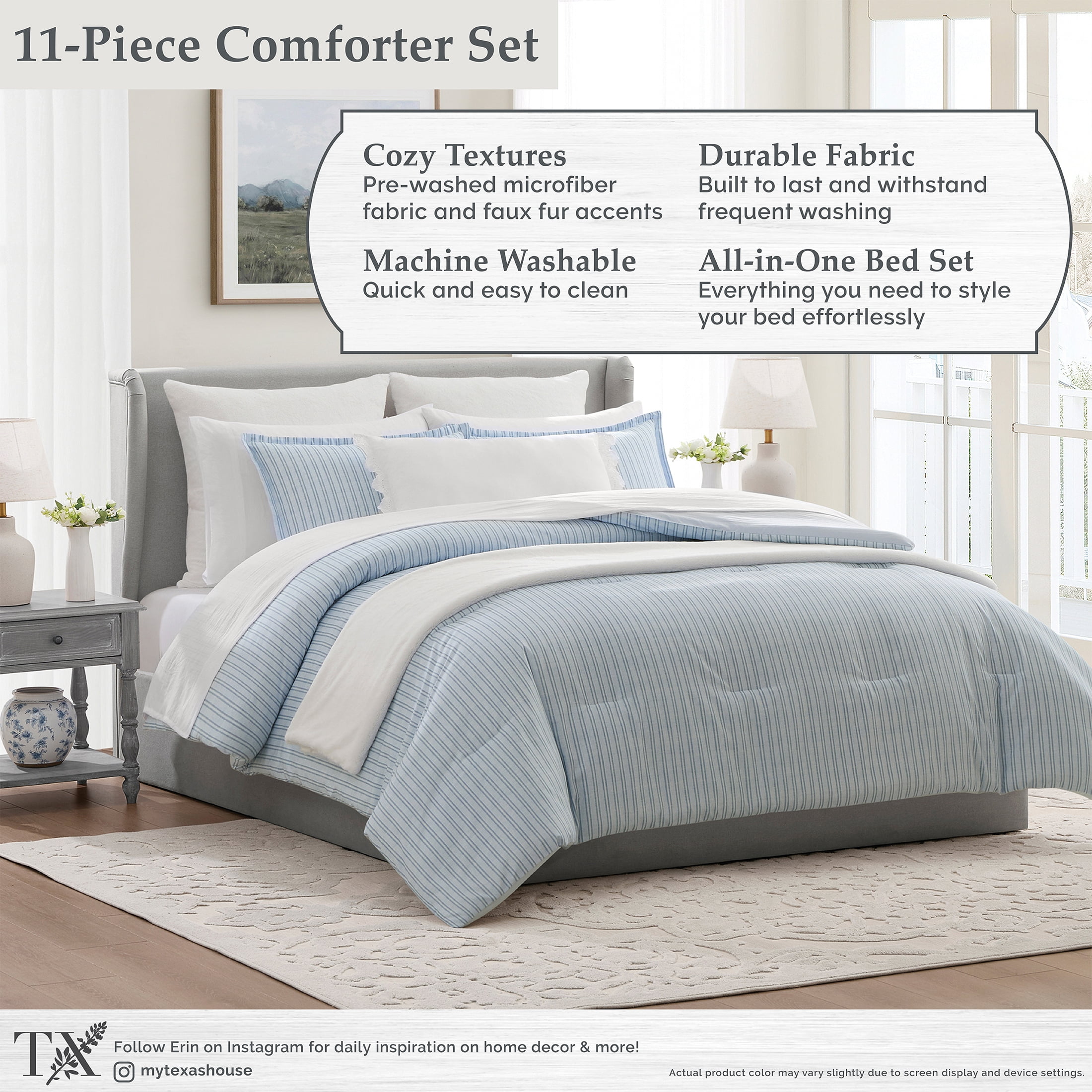 My Texas House Stripe 11-Piece Comforter Set with Sheets, Blue, Queen