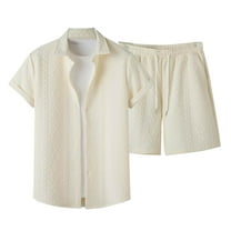 YLSDY Men's 2 Piece Outfits Waffle Knit Button Down Shirt Top and Shorts Set Summer Fashion Sports Suits Beige L