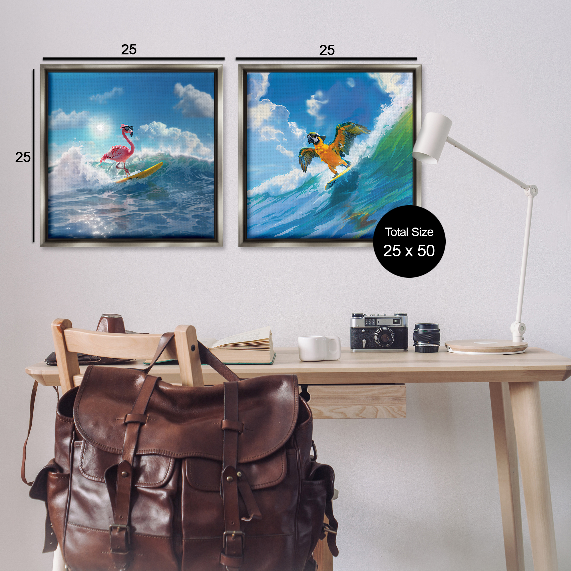 Stupell Industries Parrot & Flamingo Surf Nautical & Beach Painting Gray Floater Framed Canvas Art Print Wall Art, 25 x 25, Set of 2