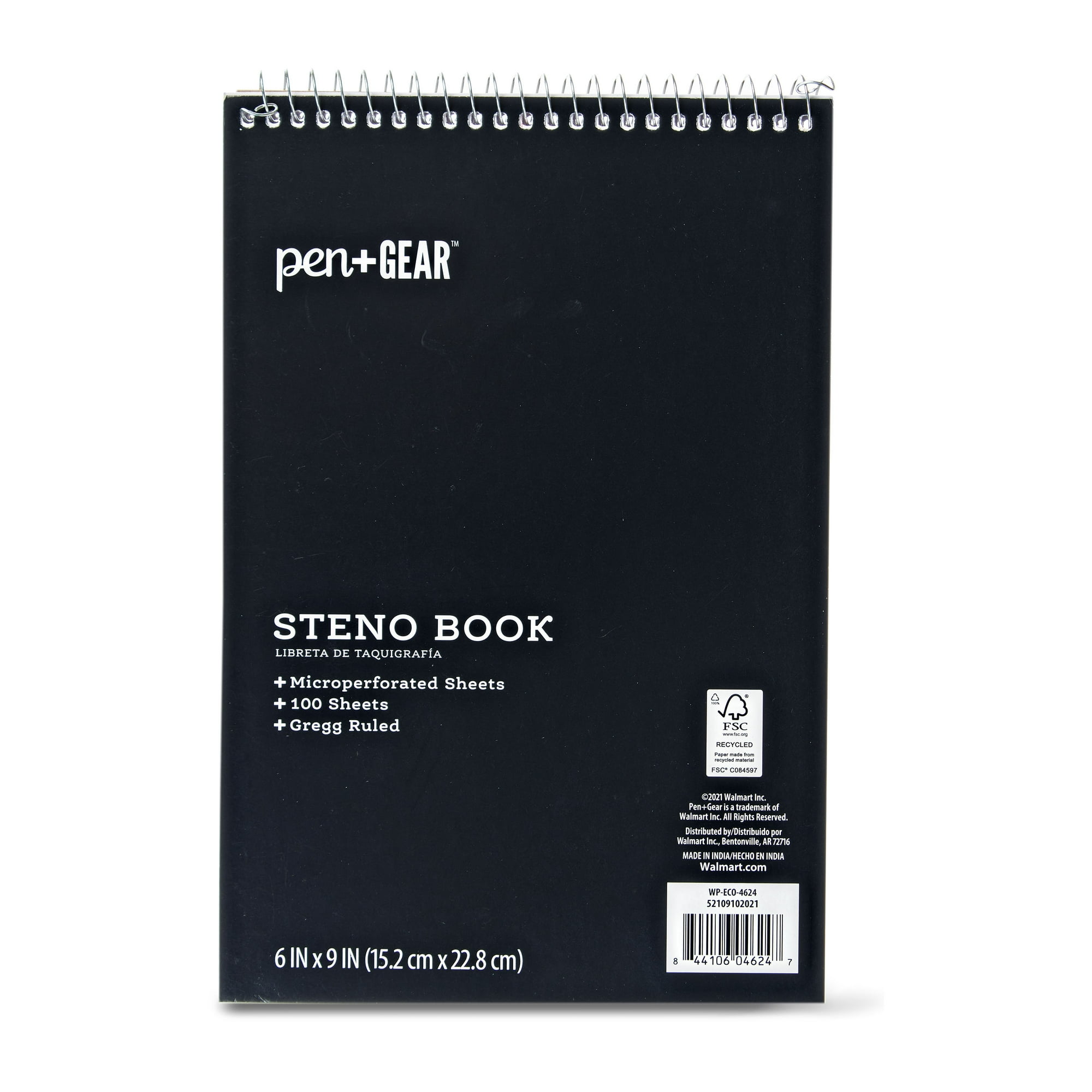 Pen+Gear Top Spiral Steno Pad, Gregg Ruled Paper, 100 Sheets, Black, 1 Count, 0 Holes