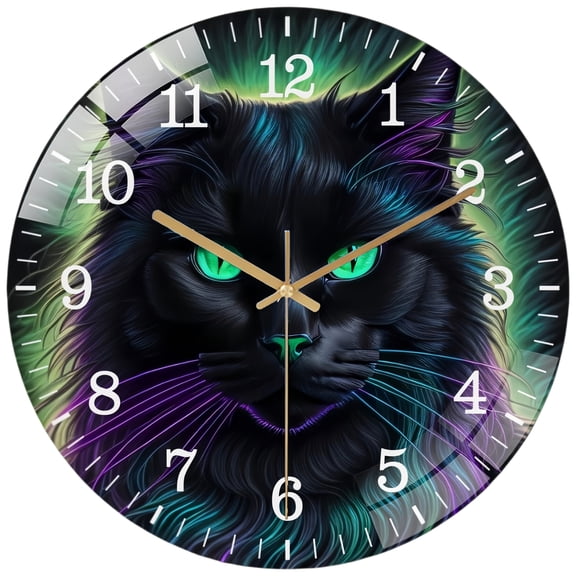 Round Glass Wall Clock,  Neon Purple Black Cat Hallo-ween Round Metal  Glass Wall Clock for Homes, Bars, Offices, Man Caves, Garages, And Living Rooms. Also Makes A Great Gift.
