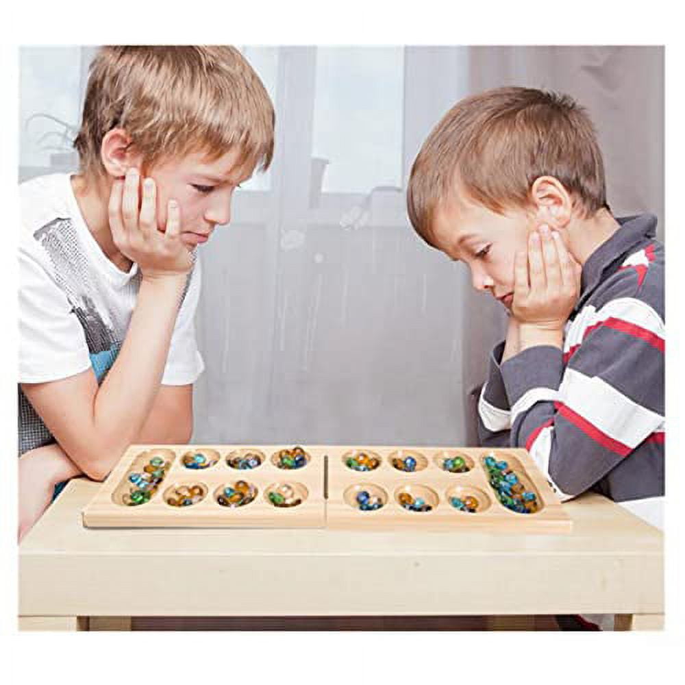 GSE Games & Sports Expert Multi-Color Glass Stones Mancala Folding Pine  Wood Board Game Family Travel Set for Family Party, Kids and Adults (Oak) 