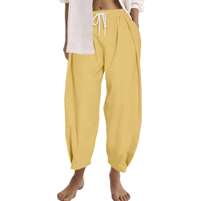 Gibobby pantalones de yoga Pantalones largos de cintura con cinturón elástico con bolsillos sueltos de color sólido informal para mujer (Amarillo, M)