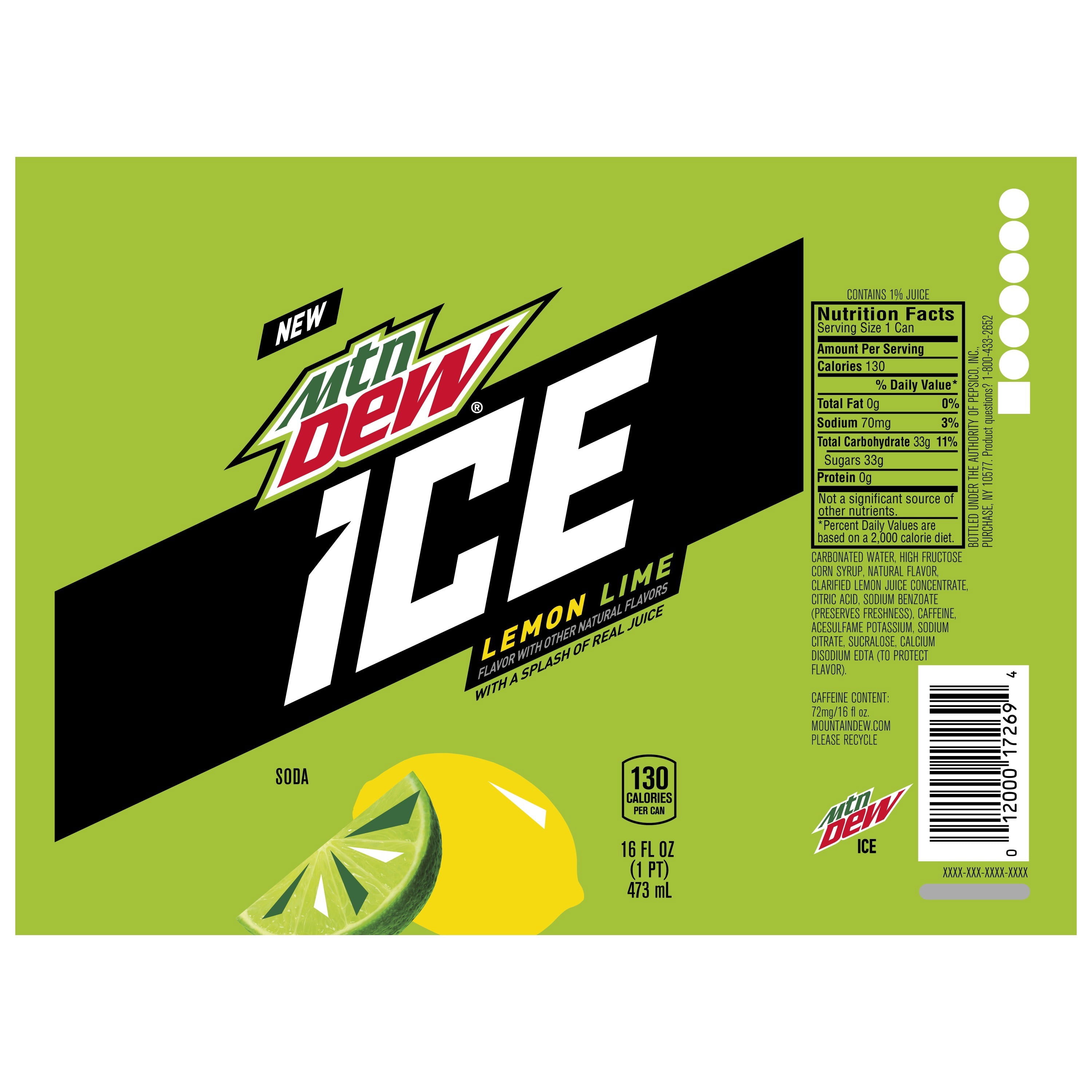 Mountain Dew ICE, Lemon Lime Soda, 16 fl oz. Can