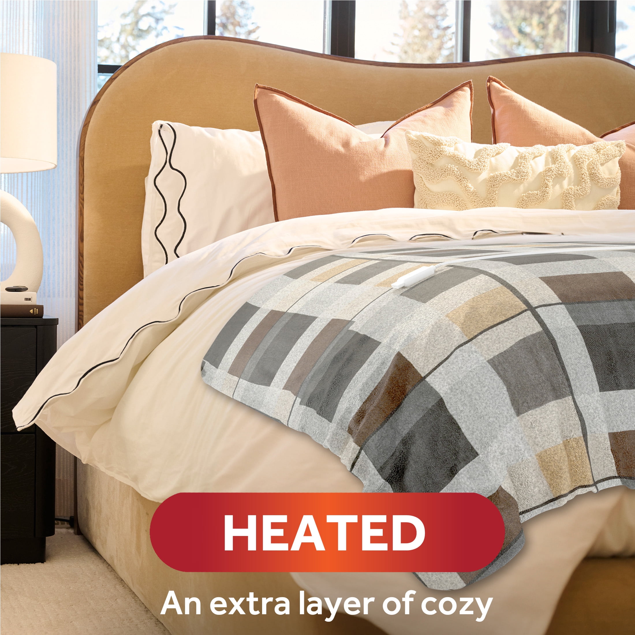 Sunbeam Oversized Throw Neutral Plaid Microplush, 4 Heat Settings, 4-Hour Auto Shut-Off, Electric Heated Blanket, 60" x 80"