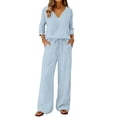 thumbnail image 3 of EaseDay Women's 2 Piece Lounge Pajama Set, Soft 3/4 Sleeve V Neck Top and Wide Leg Pants, Comfy Matching Sets for Women Summer Loungewear Outfit, 3 of 9