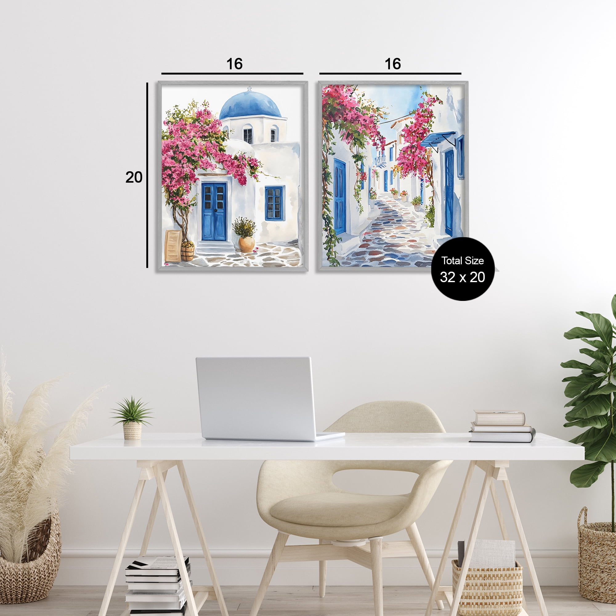Stupell Industries Santorini House with Pink Tree 2 Piece Gray Framed Giclee Art Set, design by LSR Design Studio