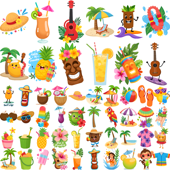 54 Sheets Temporary Tattoos Waterproof Long Lasting Body Stickers Hawaiian Beach Coconut Tree Ice Cream Swimming Ring Kids Boys Girls Tattoo Stickers Arms Arms Shoulders Cheeks