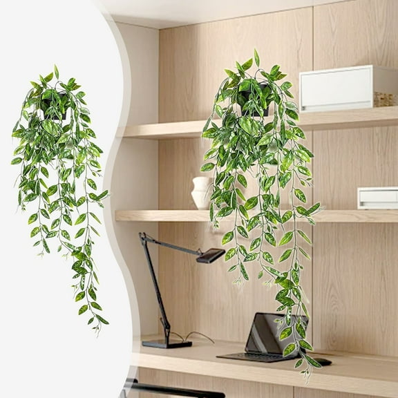YOHAVEN Artificial Hanging Pea Leaves Plant, 25.6" Fake Greenery Vines with Pot Simulation Houseplant Decoration for Living Room Bedroom Bathroom Office Shelf Home Decor