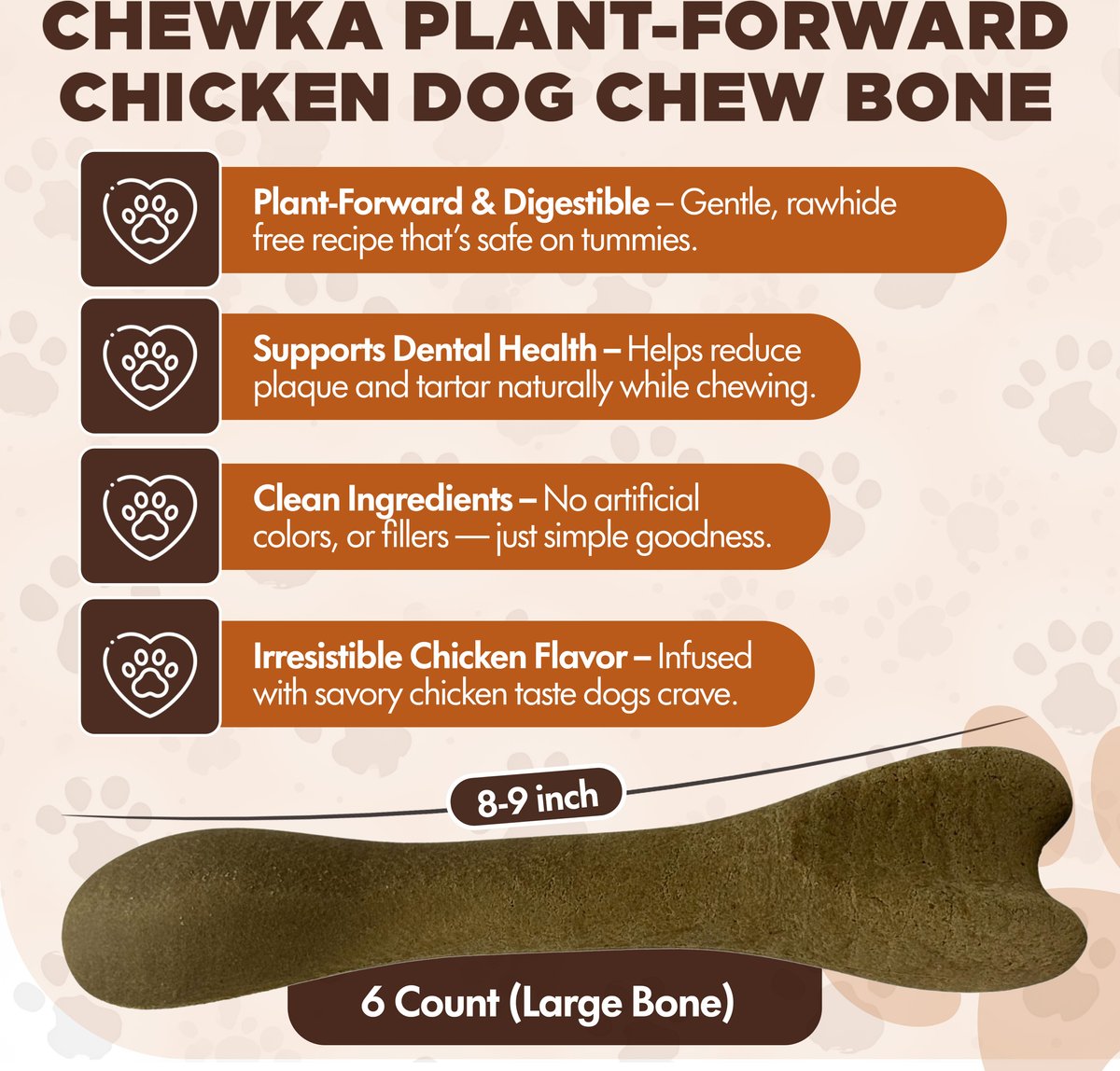 Scoochie Pet Chewka Chicken Flavored Plant-Forward Fully Digestible Dog Chew Bone, Large, 6CT