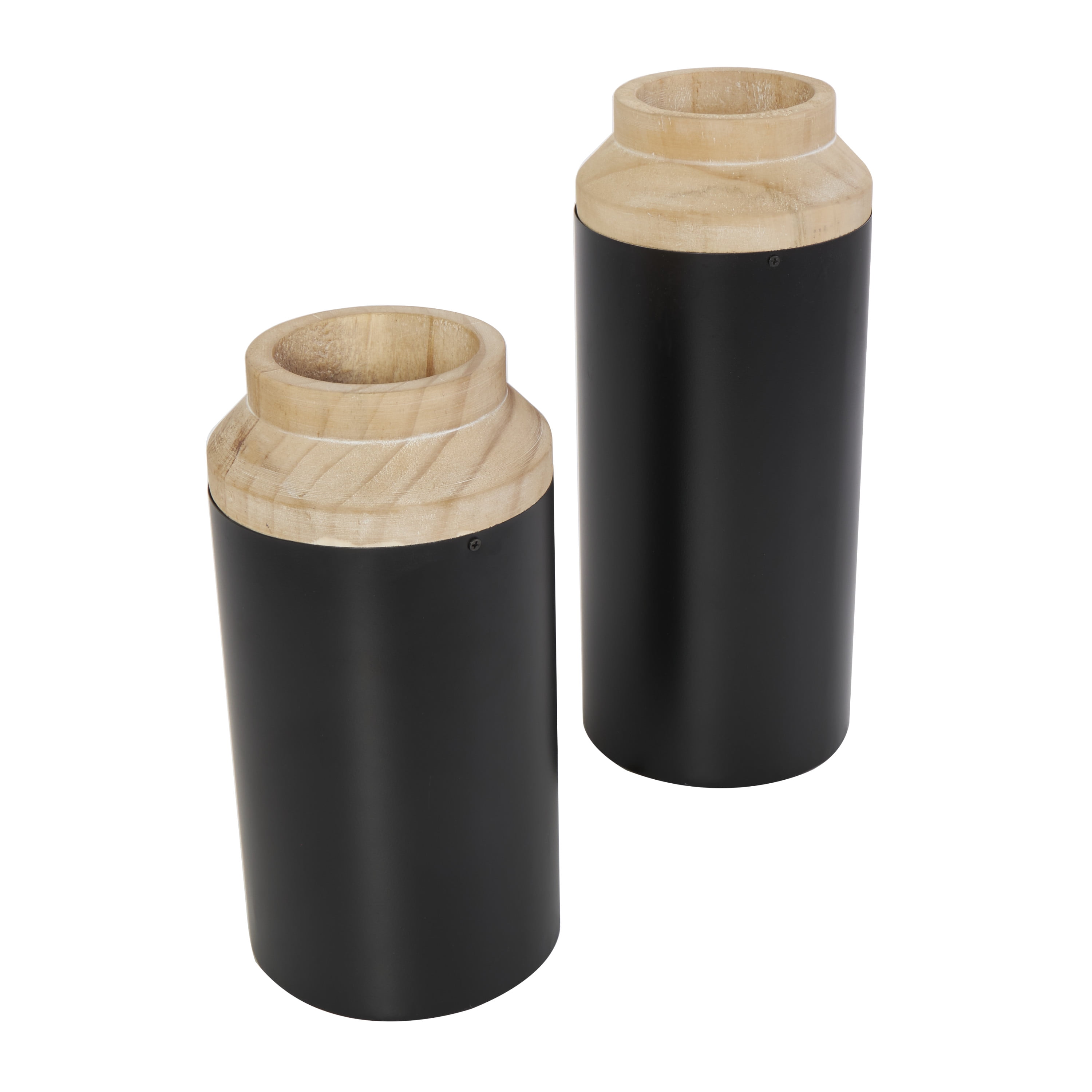 DecMode 12", 10"H Colorblock Black Wood Vase with Light Brown Wood Tops, Set of 2