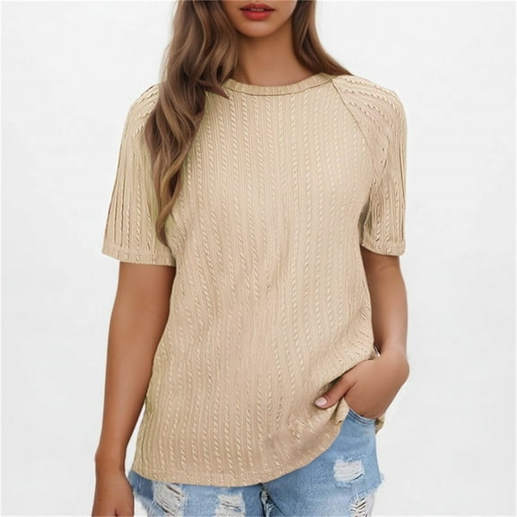Munlar Tunic Tops for Women Summer Beige 2024 Cool Crew Neck Solid Short Sleeve Blouses M