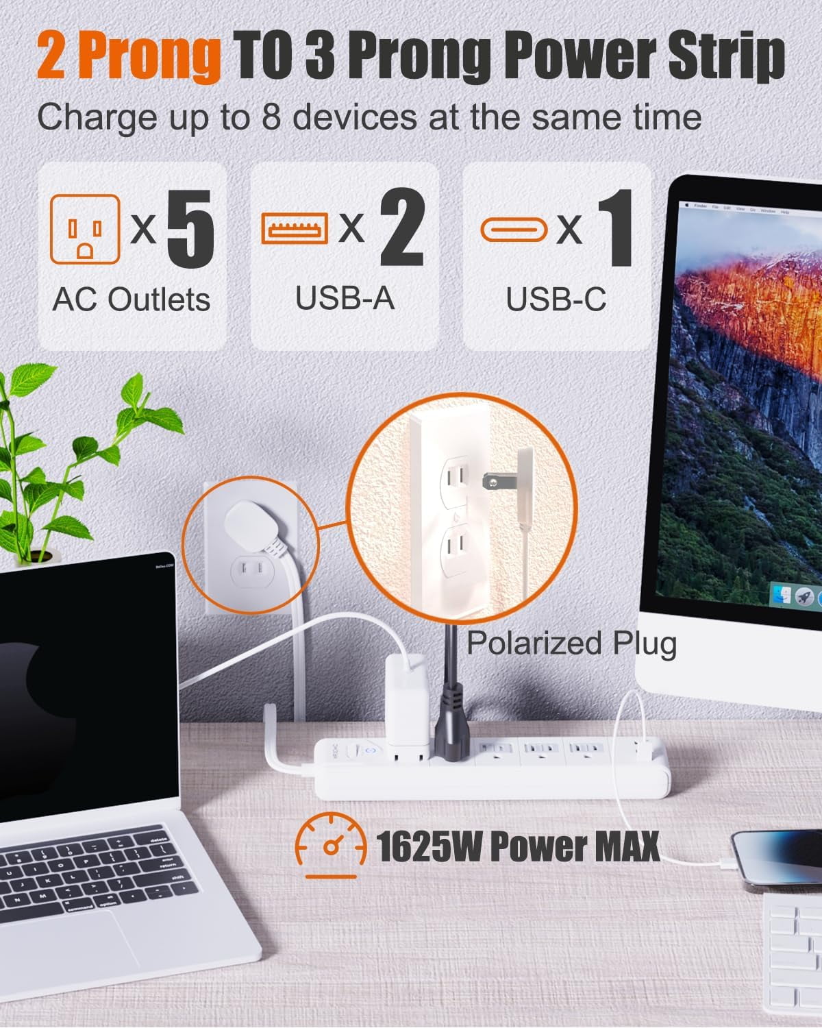 2 Prong trip, 2 Prong to 3 Prong Outlet Adapter, 5ft Extension Cord with Polarized Plug, 1680J Surge Protector, 5 AC Outlets & 3 USB, Wall Mountable, Ideal for Non-Grounded Outlets