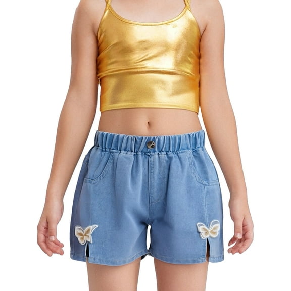 Haitryli Girls Embroidered Floral And Bow Denim Shorts Split Hem Pants For Casual Vacation Beach Toursers Butterfly 160/30