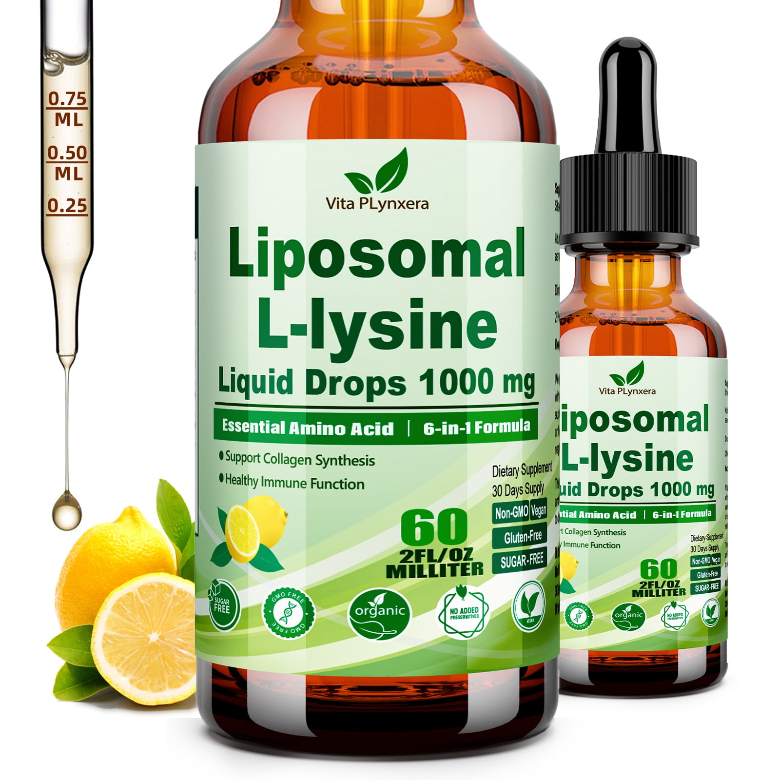 VitaPLynxera L-Lysine 1000mg Liquid Drops with Monolaurin & Immune Support Nutrients* | Essential Amino Acid for Collagen & Protein Synthesis* | Liposomal Formula with Vitamin C, D3, Zinc
