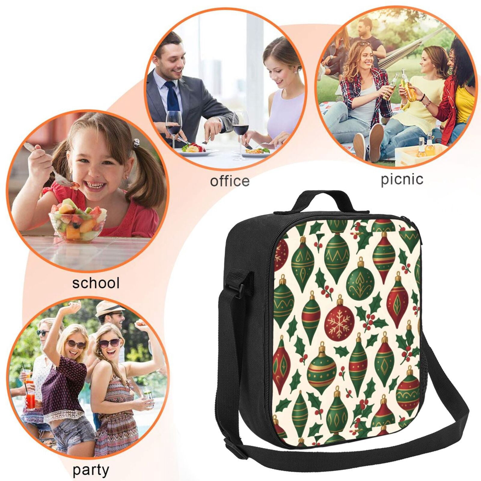 Thermal Insulation One Shoulder Portable Bento Bag Can Be Reused 8×10.5in For Carrying Drinks Bento Box Fruit Snacks Classic Christmas Ornament Pattern