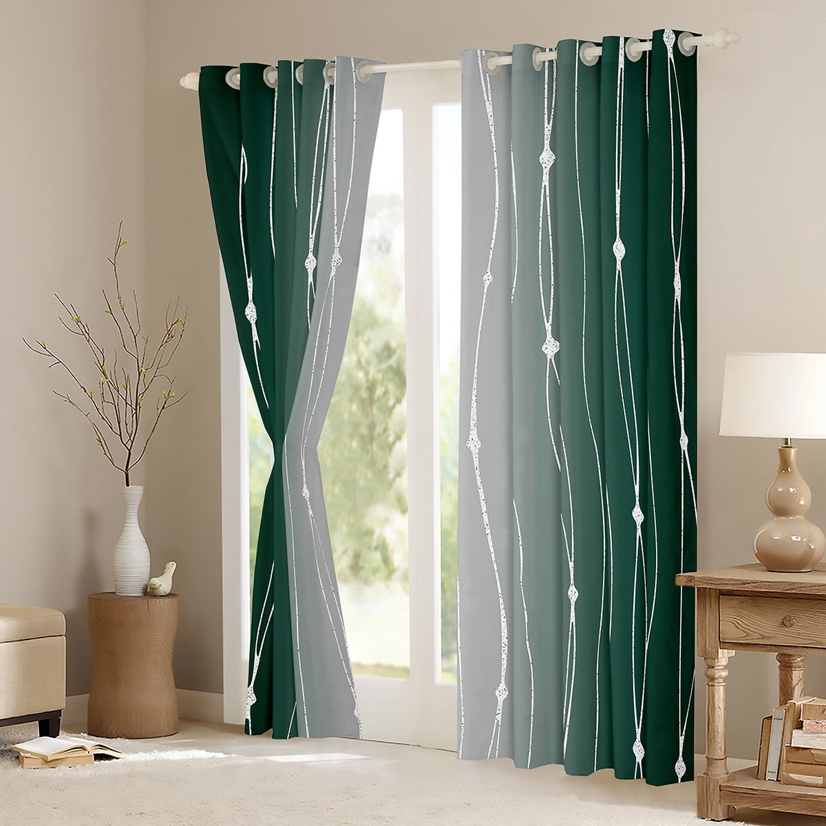 Erosebridal Green and Grey Gradient Blackout Curtains Aesthetic Ombre Curtains & Drapes, Emerald Watercolor Curtains Geometric Wave Window Drapes, Abstract Lines Black Out Curtains