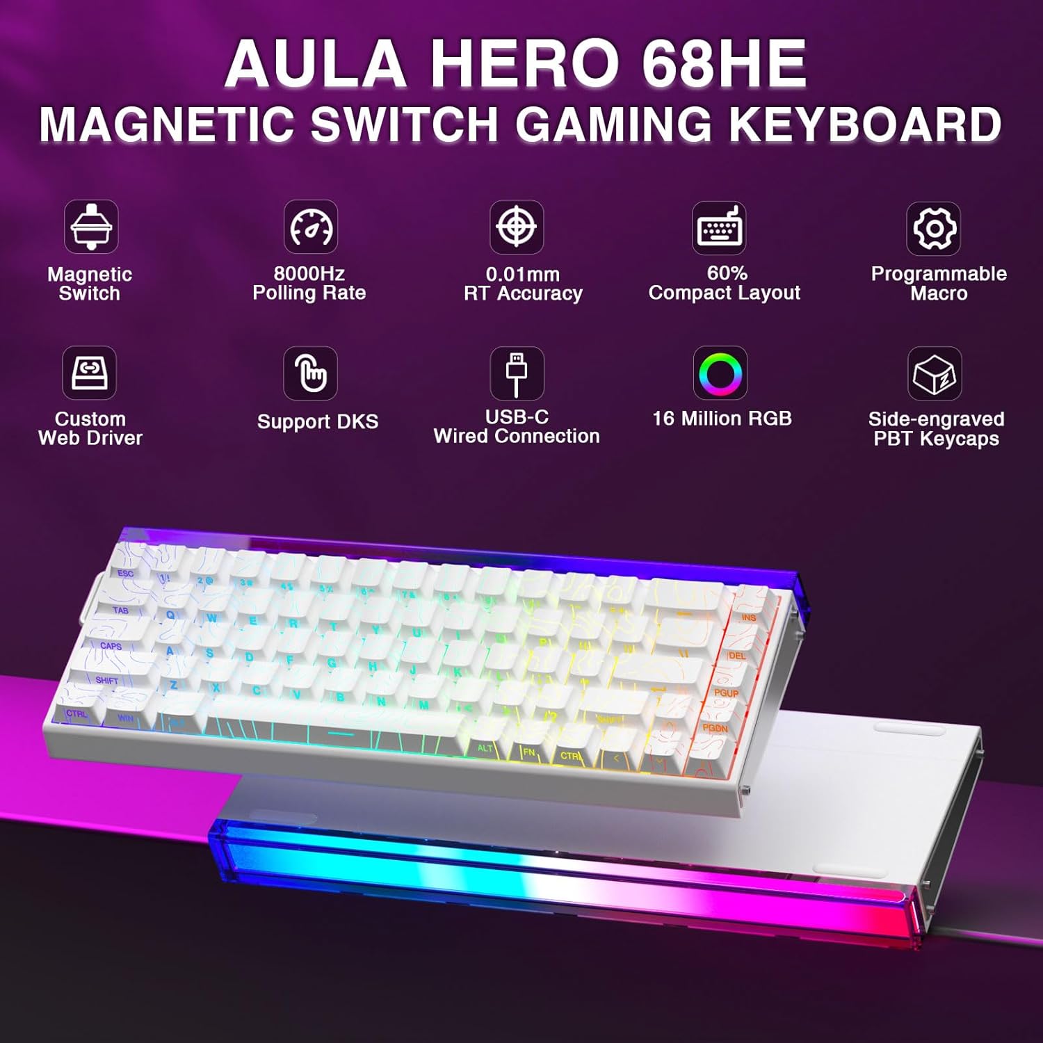 Hero 68 HE 60% Gaming Keyboard Wired, Hall Effect Magnetic Switch Keyboard with 8K Hz Polling Rate, Side Printed PBT Keycaps, RGB Backlit Light Box, Customizable Web Software for PC/Mac Gamers