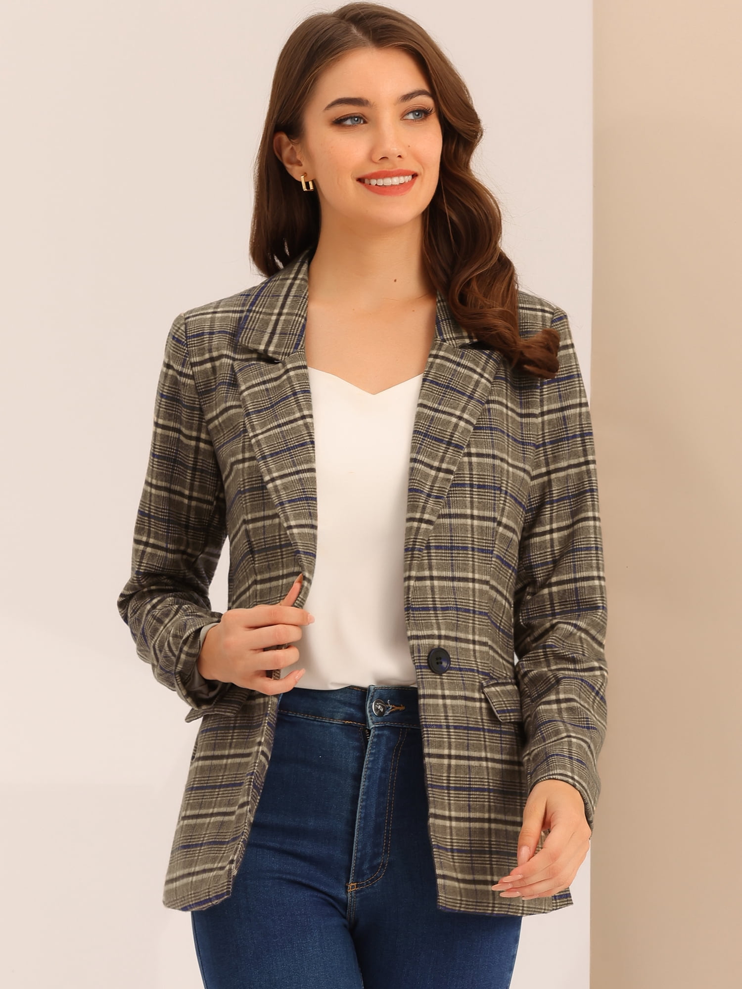 DARING DIVA Women's Boyfriend Notched Lapel One Button Blazer Suit Plaid Blazer Jacket XS Blue Brown