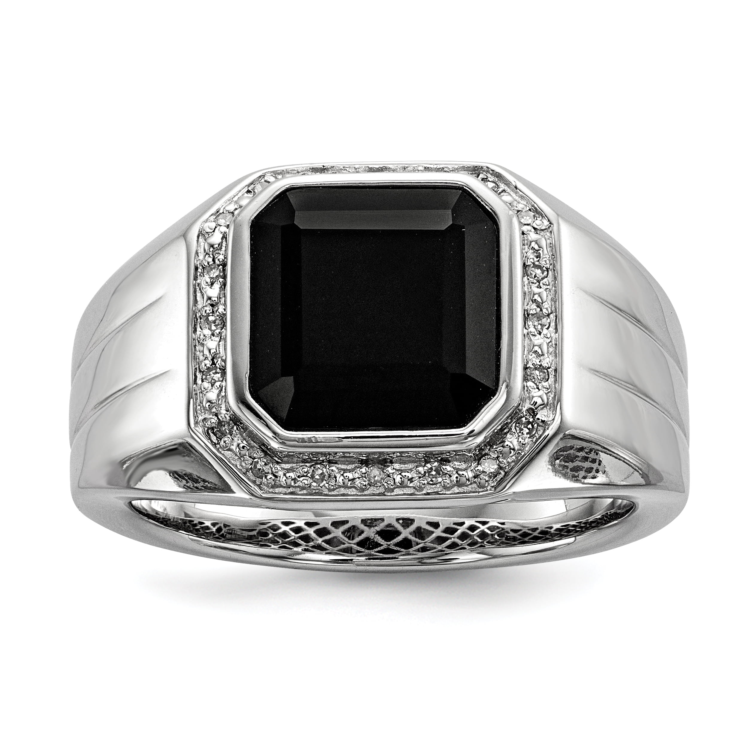 Mens 925 Sterling Silver Polished Square CZ & Black Onyx Ring 
