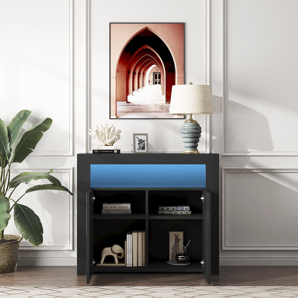 Kadyn Floor Storage Cabinet for Hallway, High Gloss Buffet Storage Cabinet with LED Light, Storage Sideboard Buffet Cabinet with 2 Doors, Black Kadyn Floor Storage Cabinet for Hallway, High Gloss Buffet Storage Cabinet with LED Light, Storage Sideboard Buffet Cabinet with 2 Doors, Black