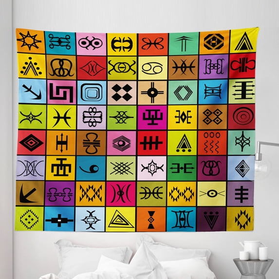 Tribal Tapestry, Elements Collage in Colorful Squares Aboriginal Symbolic, Fabric Wall Hanging Decor for Bedroom Living Room Dorm, 5 Sizes, Multicolor, by Ambesonne