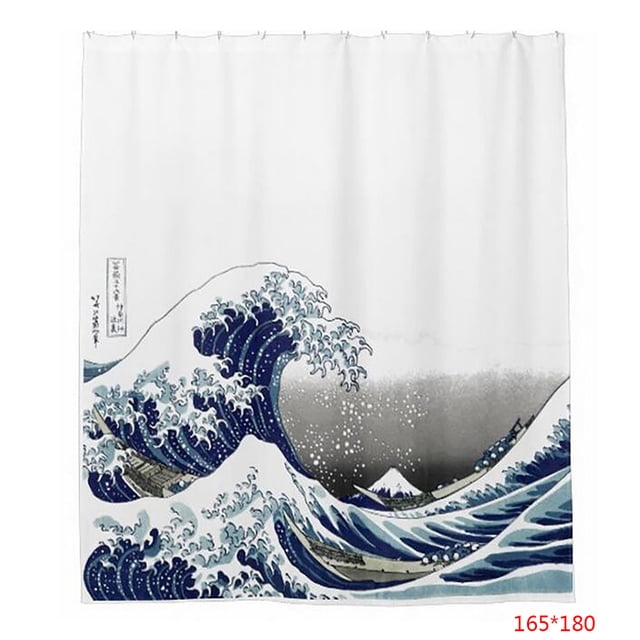 Cortina de ducha impermeable con olas de mar, resistente al moho, impresión digital, cortina de baño, estilo japonés Scienceny JJ23555-03