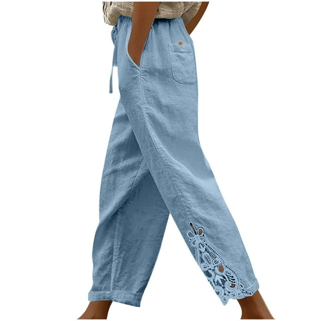 Lenpel Cotton Linen Pants for Women High Waisted Drawstring Lace Hem Wide Leg Cropped Pants Ankle Length Trousers