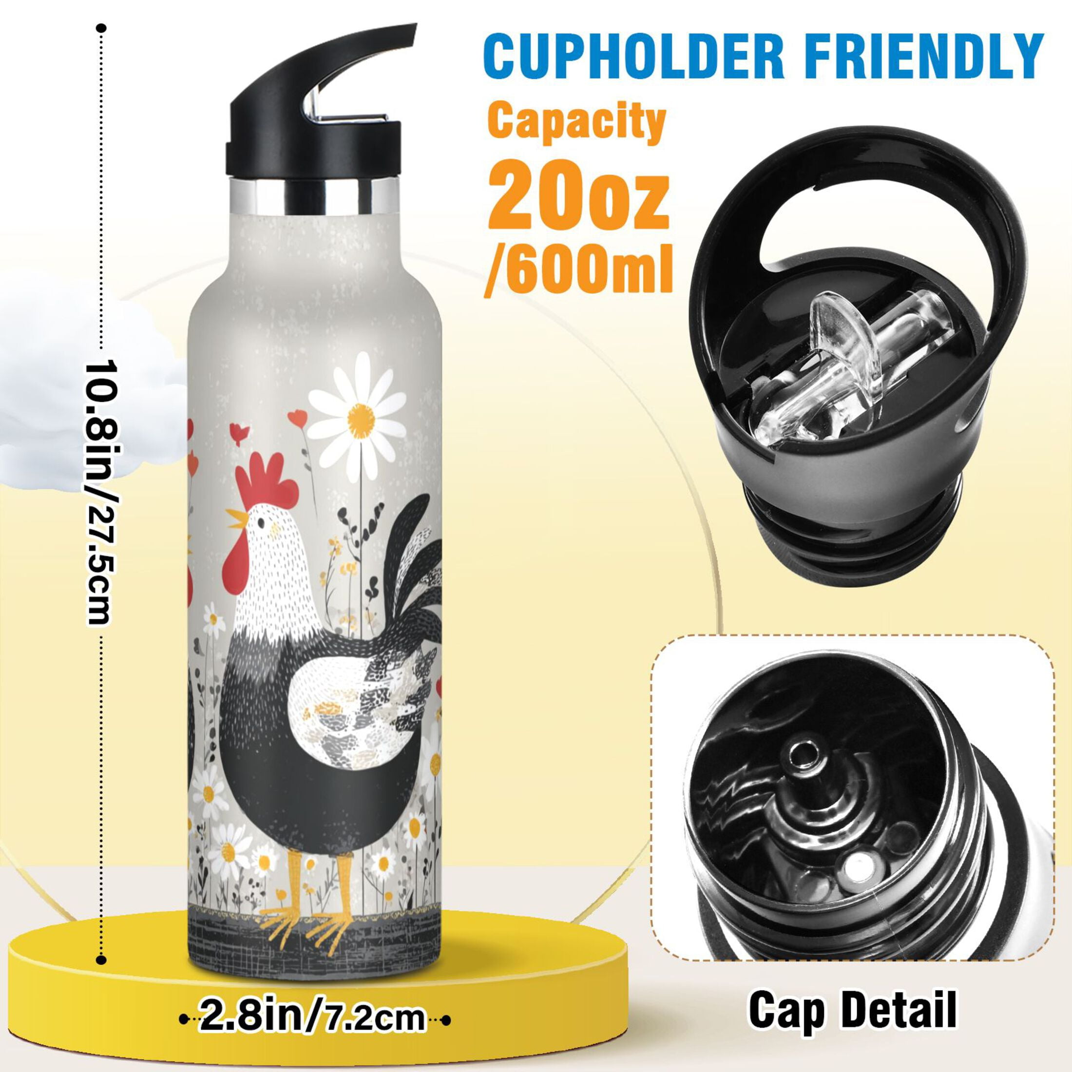 Kids Insulated Stainless Steel Sports Water Bottle 600ml (20oz) Black and White Chick