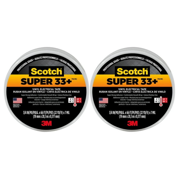 Scotch Super 33 Vinyl Electrical Tape - Professional-Grade, All-Weather, Flame-Resistant - Black - 3/4 Inch x 66-Foot 2 Pack