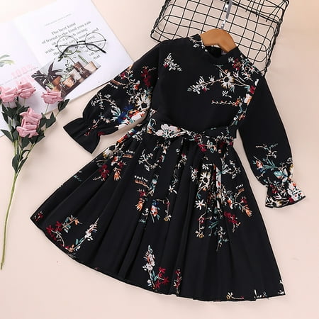 

THE WILD Girls Dresses Classic Ruched Puffy Printed O-Neck Long Sleeve Midi Girls Dresses Black