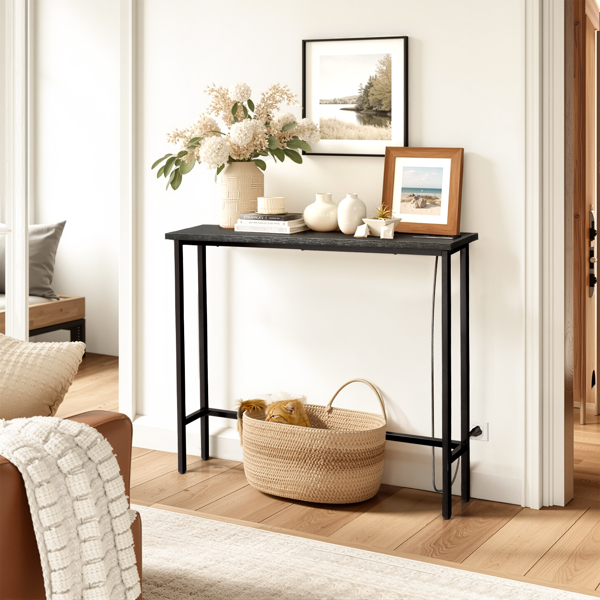 39.4" Narrow Console Sofa Table - Oak Wood & Black Metal, Adjustable Feet, Stable Metal Frame for Living Room, Behind Sofa, Apartments, Dorms