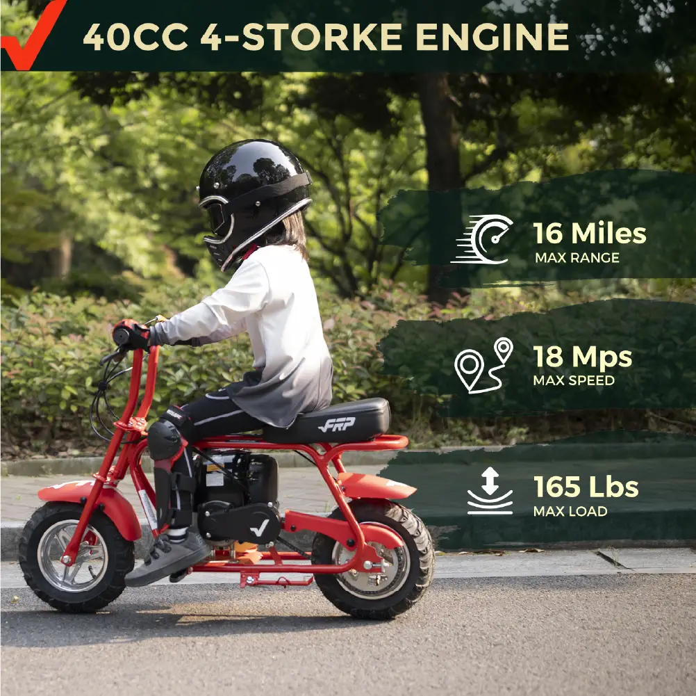 40cc 4-Stroke Gas Mini Bike for Ages 13+, Pull Start Mini Bike with Rear Disc Brake, Up to 18 MPH, 165 lb Capacity, Knobby Tires – Red