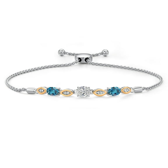 Gem Stone King 1.90 Ct DEF Lab Grown Diamond London Blue Topaz 925 Silver and 10K Yellow Gold Bracelet