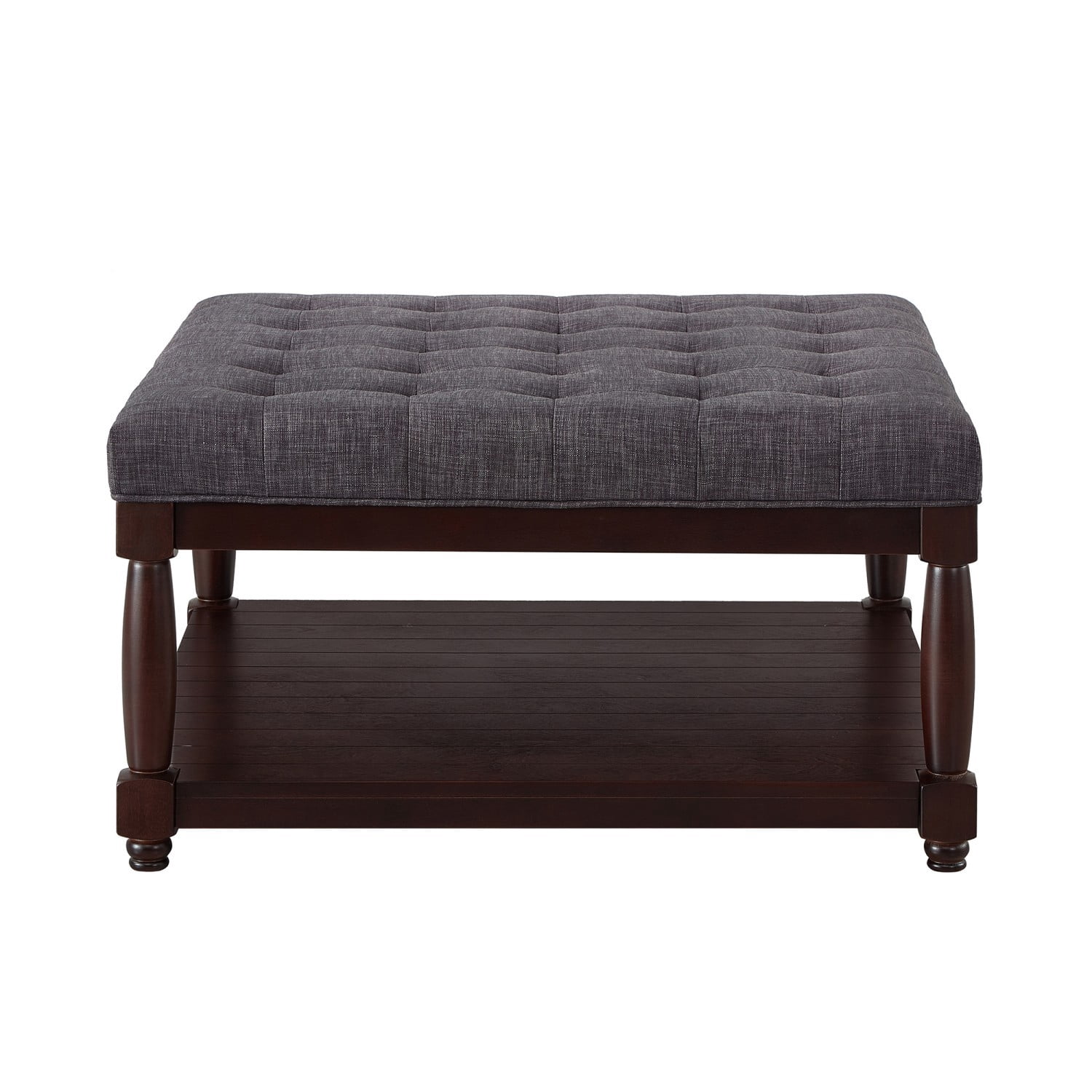 Large Square Tufted Linen Ottoman Coffee Table, Upholstered Footrest with Solid Wood Storage Shelf, Dark Gray Living Room Center Table