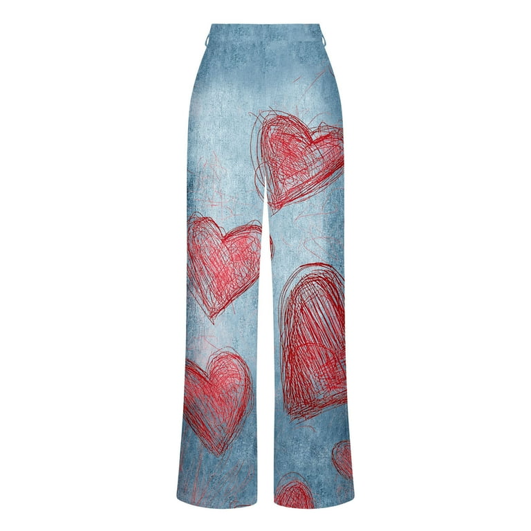 Pxkloy Heart Print Denim Jeans for Women Plus Size Vintage Wide