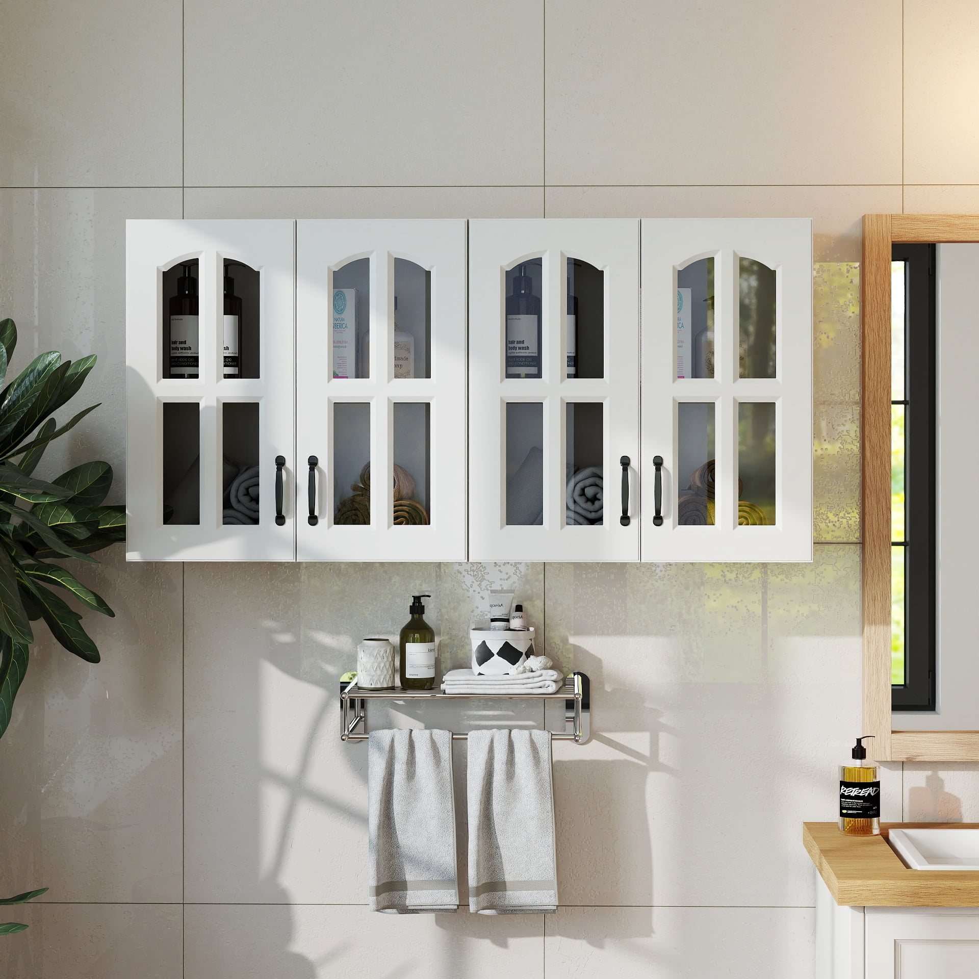 Mintazer Bathroom Wall Cabinet with 4-Pane Glass Doors, Wall-Mounted Storage Cabinet with Adjustable Shelf for Bathroom Kitchen, White