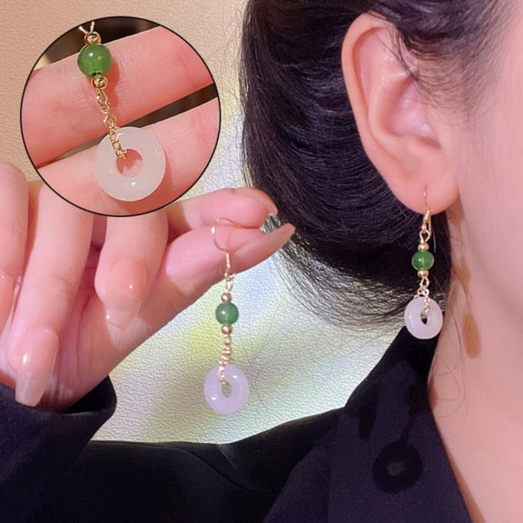 QIQUWOHUL New Chinese Antique Anti Jade Long Tassel Earrings For Women Retro Versatile Temperament Buckle Earrings Stud Earrings
