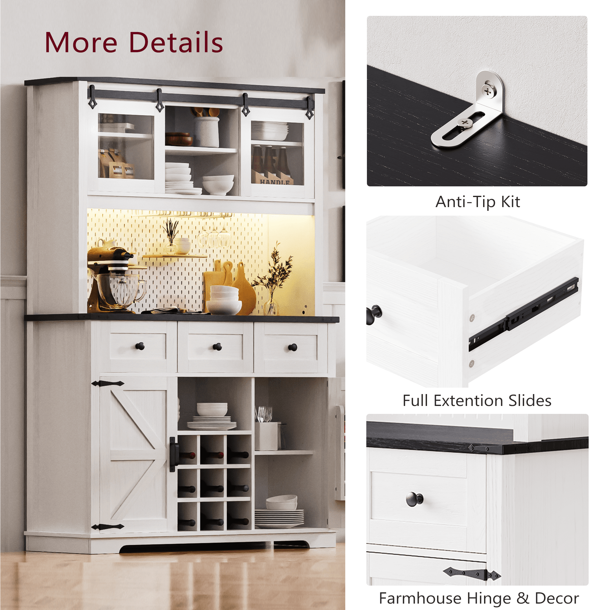 Euroco Farmhouse Coffee Bar Cabinet with Hutch – 71" Tall Kitchen Buffet & Storage Cabinet with Sliding Barn Glass Doors, RGB Lights, Power Outlets, Wine Rack & Pegboard – Oak White & Black