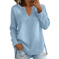 thumbnail image 2 of ClodeEU Women's V Neck Long Sleeve Denim Blouse,Loose Curved Hem Casual Jean Top Sky Blue,Women's Plus S, 2 of 8