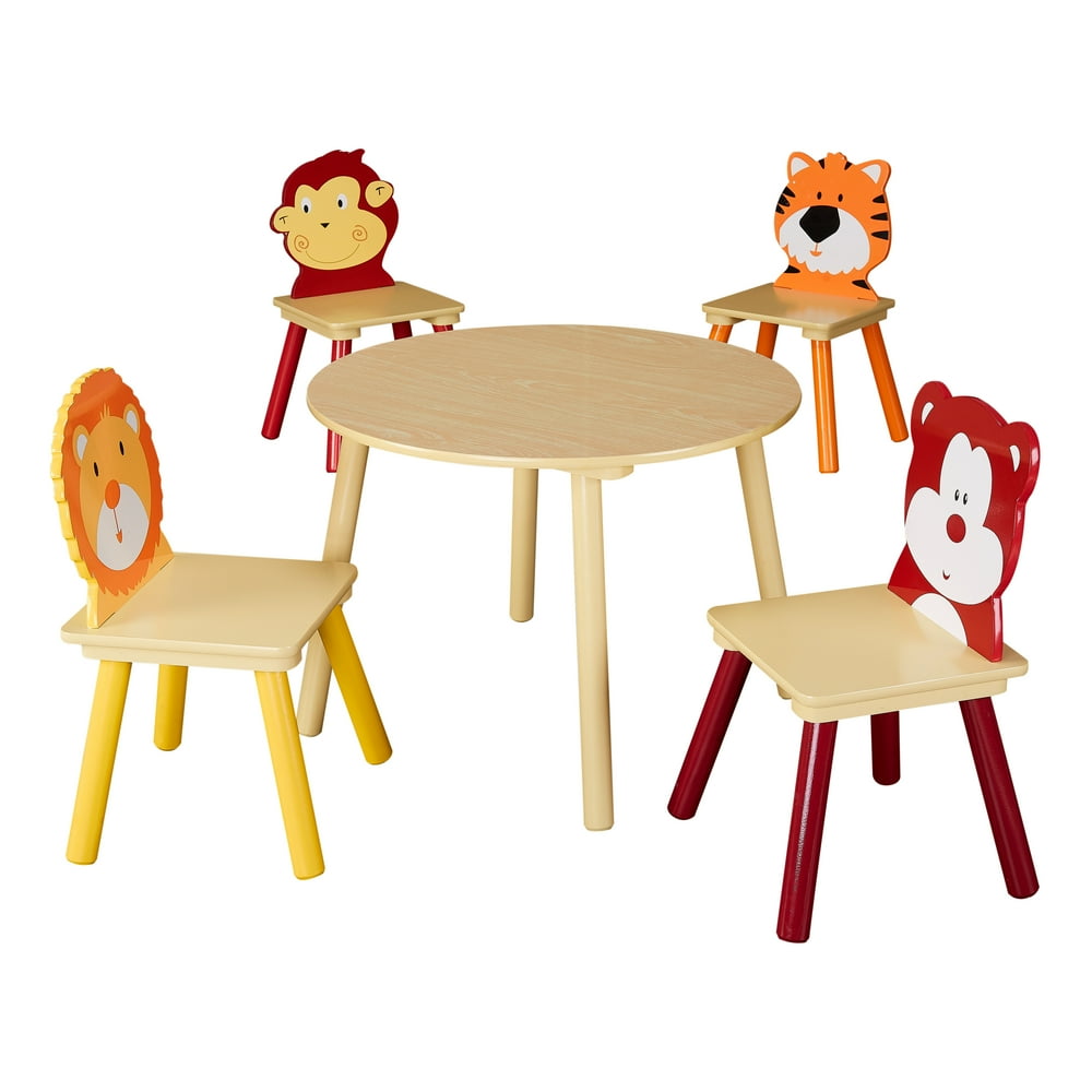 Senda Kids' Wooden Animals Table and Chairs Set, 5 Piece