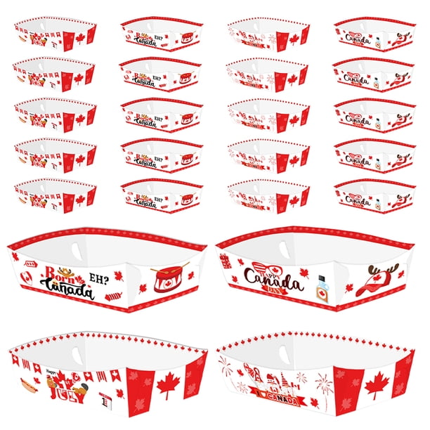 KAKOWELY Bandeja de papel para servir comida canadiense (24 unidades) para fiestas de carnaval, fiestas de cumpleaños, aperitivos, papas fritas, nachos, palomitas, perritos calientes y bodas.