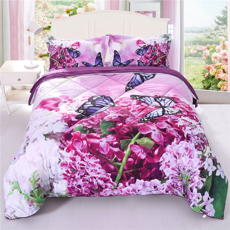 3D Purple Comforter Set Butterfy and Flower Bedding Set 1 Comforter 2 Pillowcases Soft
