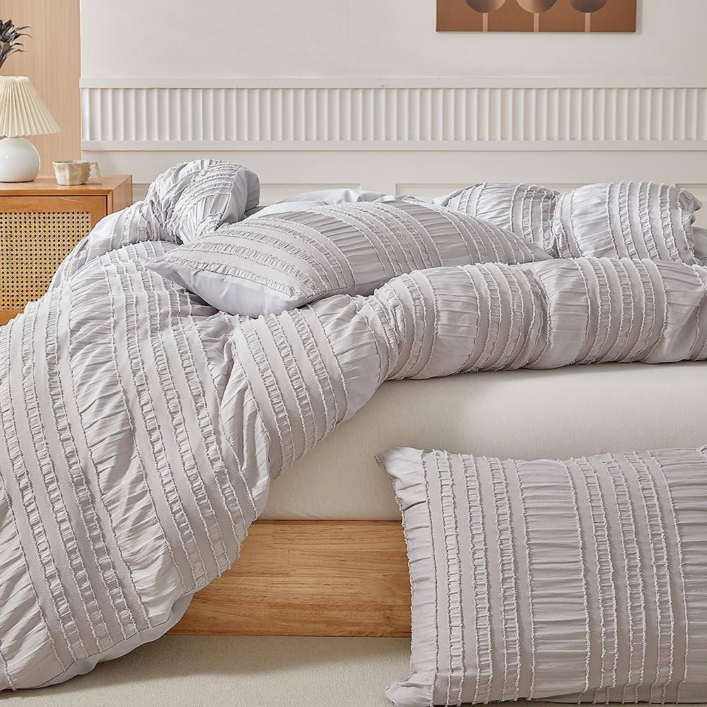 JOLUSERE Light Gray Duvet Cover Queen Sets, 3 Pieces Soft Breathable Striped Textured Comforter Cover Set