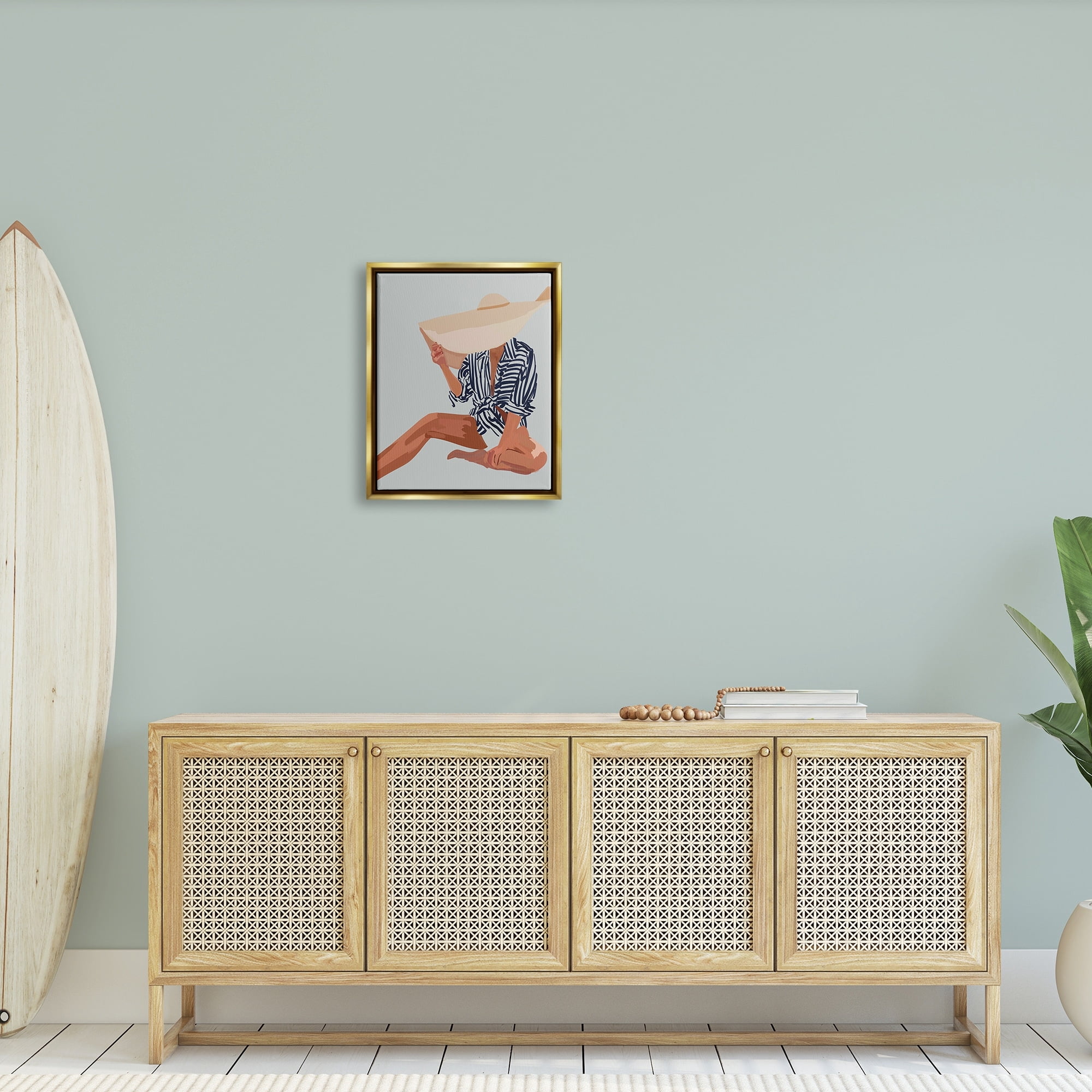 Stupell Industries Woman Obscured By Sun Hat Summer Beach Portrait Graphic Art Metallic Gold Floating Framed Canvas Print Wall Art, Design by Amelia Noyes