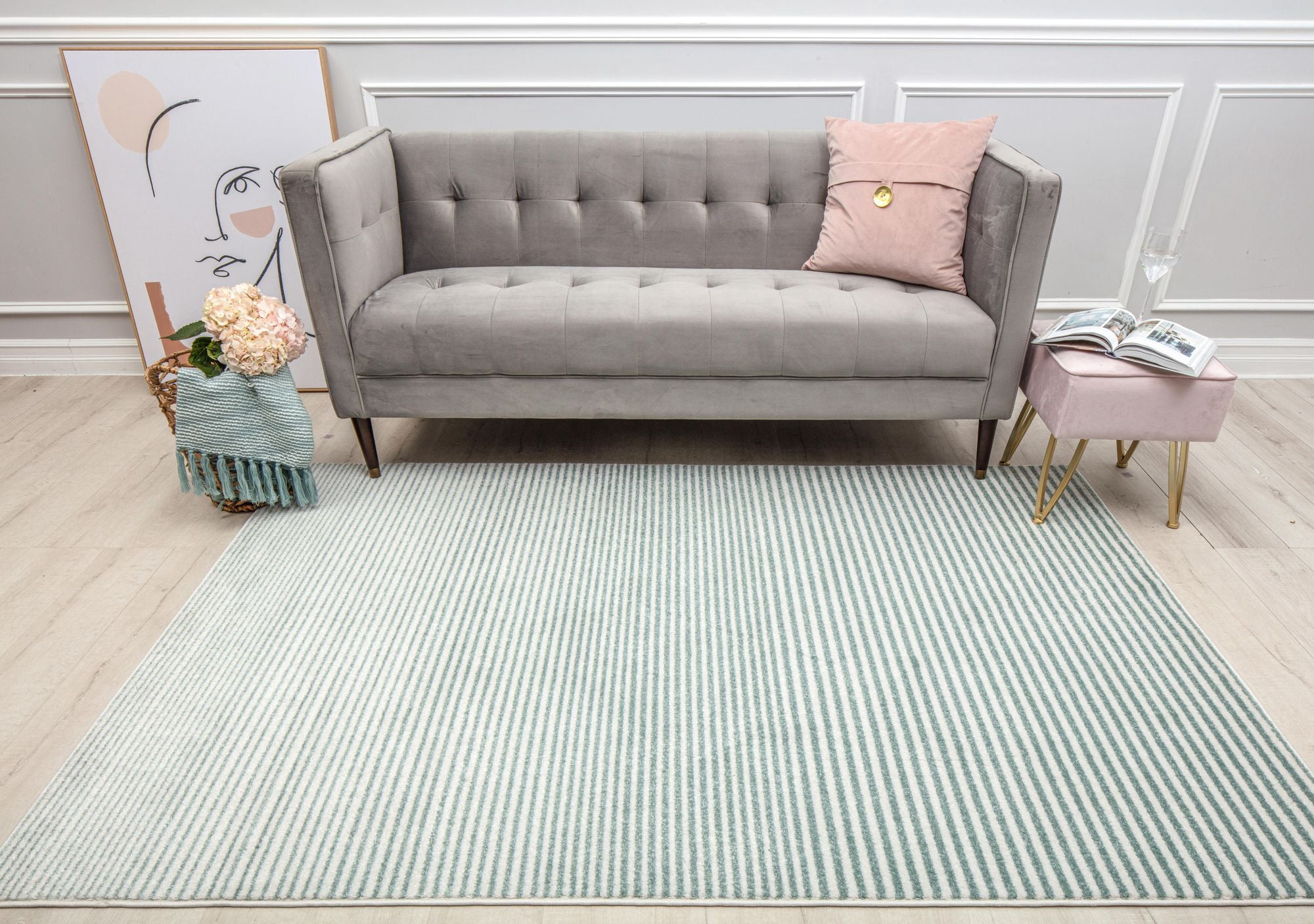Isaac Mizrahi Jaxon CM20A Peppermint Pinstripes Geometric Contemporary light blue Area Rug, 2'6" x 8'