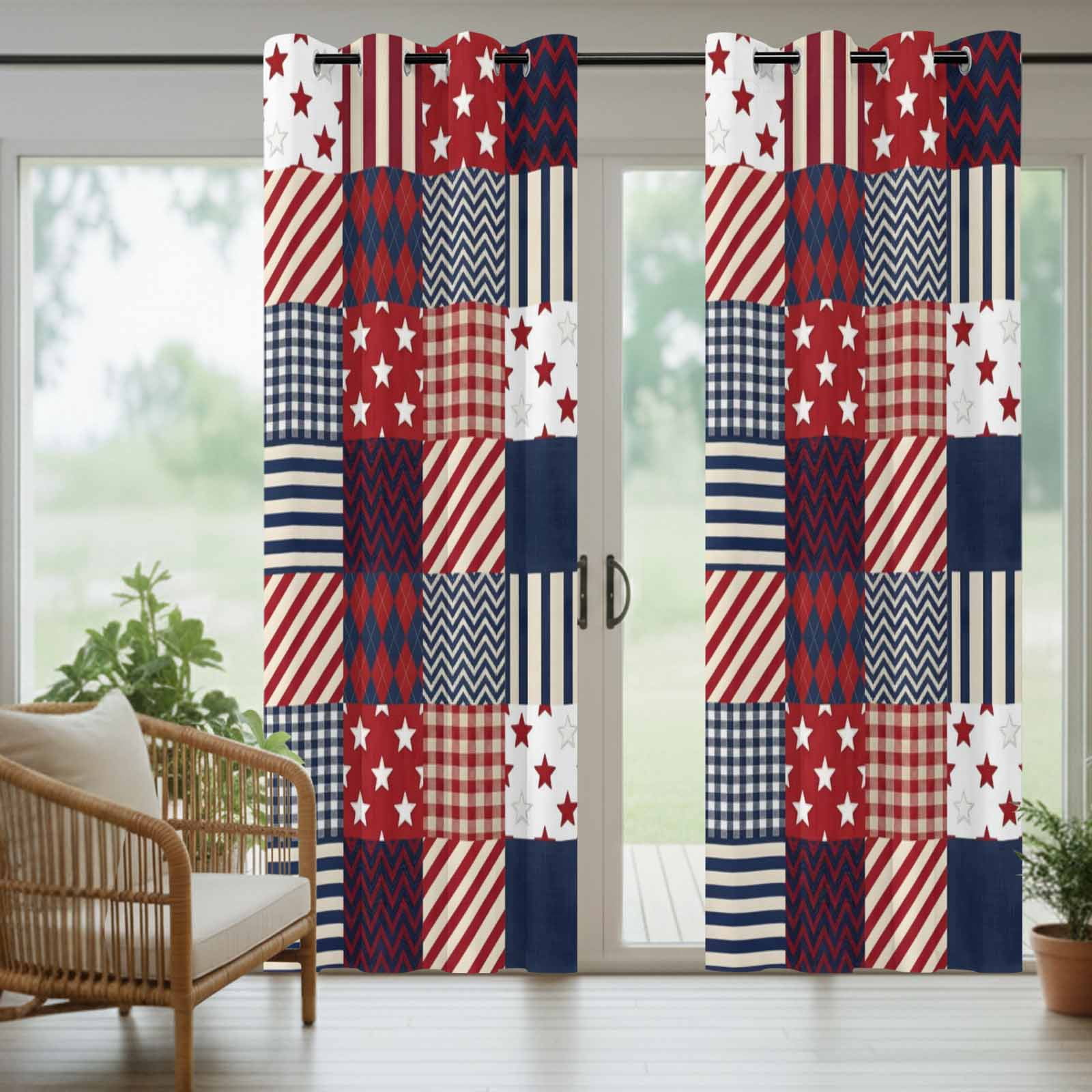 4th of July Independence Day Outdoor Curtains for Patio, Red Blue Star Striped Patchwork Sunshade Privacy Drapes Grommet Waterproof Outside Curtains for Porch/Cabana/Balcony 54"x 108", 1 Panel