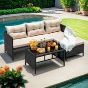 Outdoor Patio Furniture 3-Piece Rattan Waterproof Outdoor Sectional Sofa All-Weather L Shaped Patio Couch with Cushion Glass Table for Balcony, Garden (Beige)