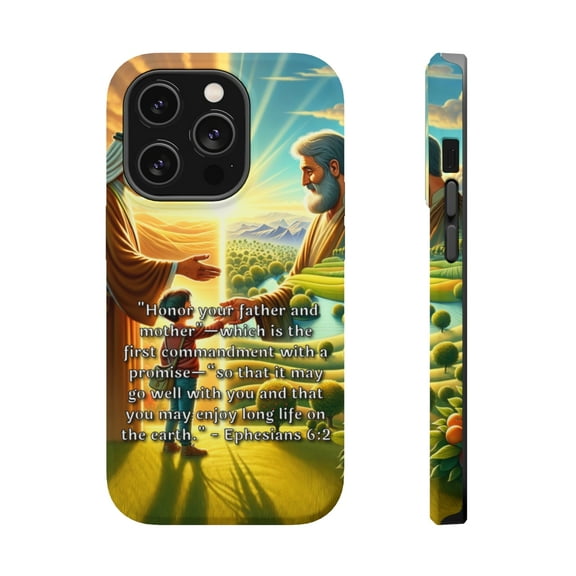 DistinctInk Tough Case for Apple iPhone 15 PRO (6.1" Screen), Compatible with MagSafe Charging - The Promise of Long Life: Ephesians 6:2